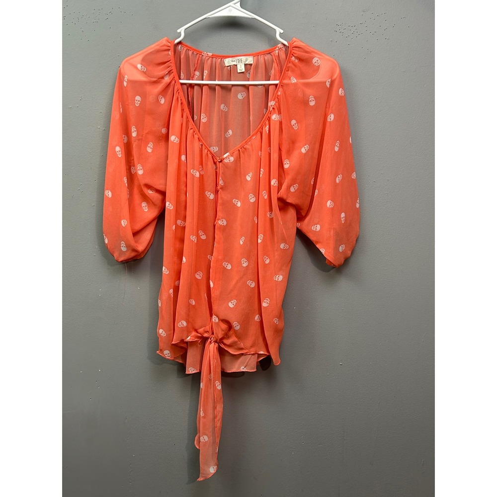Love Fire Blouse Women Small Orange Skull Print Tie Front Boho V-Neck 3/4 Sleeve